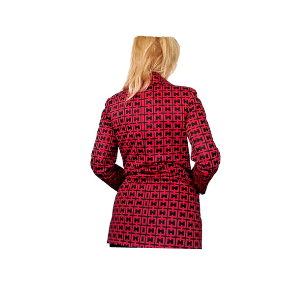 H Geometric Pattern Long Jacket Sz S Spring Fall Black Red Pattern Sophisticated - Picture 9 of 10